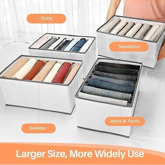 7 Grid Non-Woven Clothes Organizer for Wardrobe β Foldable Storage Box, Milky White, 75 GSM (18x9x9 in)
