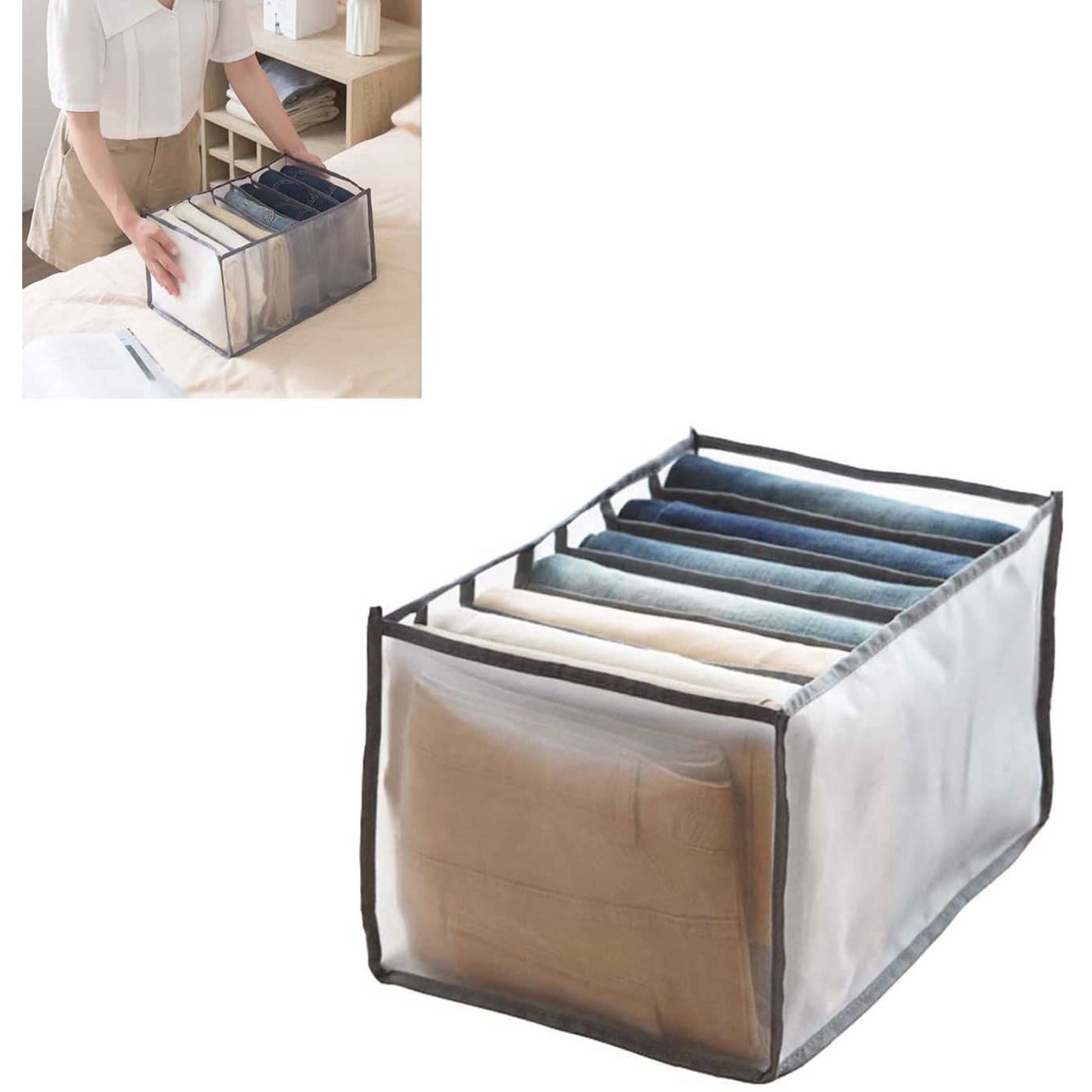 7 Grid Non-Woven Clothes Organizer for Wardrobe β Foldable Storage Box, Milky White, 75 GSM (18x9x9 in)
