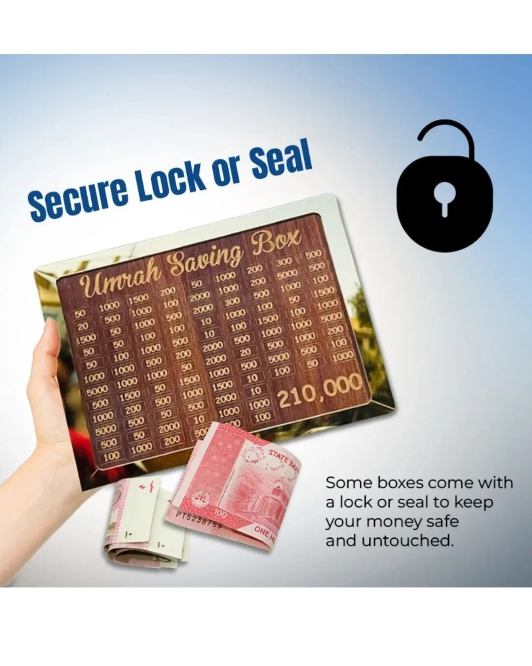 Wooden Umrah Saving Box – Premium 210,000 Goal Money Box / Islamic Charity & Donation Box