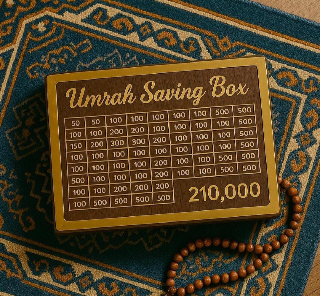 Wooden Umrah Saving Box – Premium 210,000 Goal Money Box / Islamic Charity & Donation Box