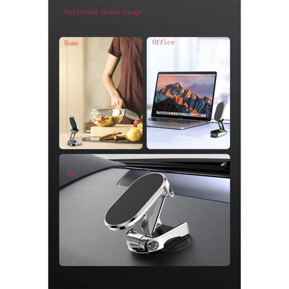 Folding Magnetic Car Phone Mount – 360° Rotating Suction & Adjustable Height Holder for Vent / Dashboard