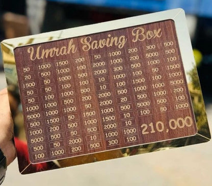 Wooden Umrah Saving Box – Premium 210,000 Goal Money Box / Islamic Charity & Donation Box