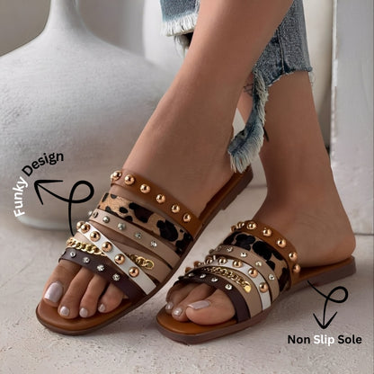 Trendy Brown Multi-Strap Women’s Slippers with Studs & Stones